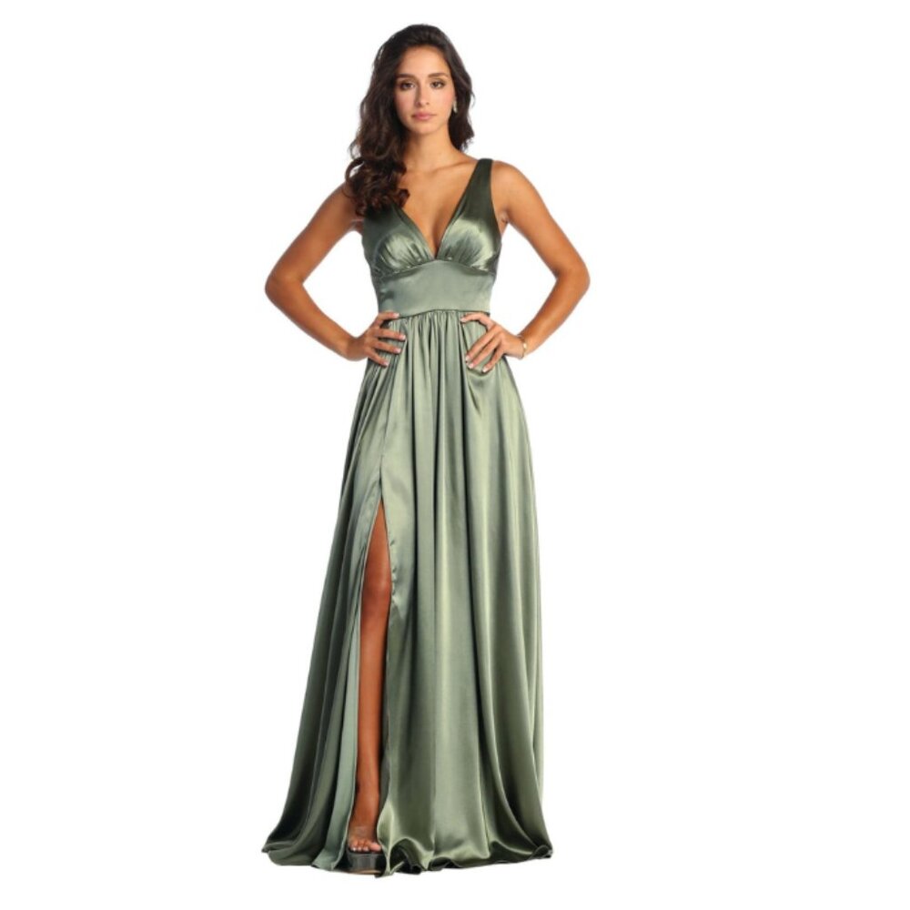 Olive Evening Long V-Neck Sleeveless A-Line Dress By May Queen MQ1723
